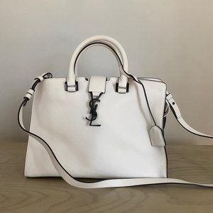 YSL Monogram Cabas Leather Handbag in Dove White